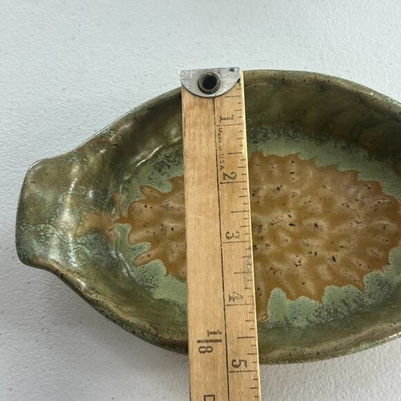 Pottery Art Green Brown Au Gratin Dish Oval Serving Stoneware Hand Made & Signed - Picture 9 of 12